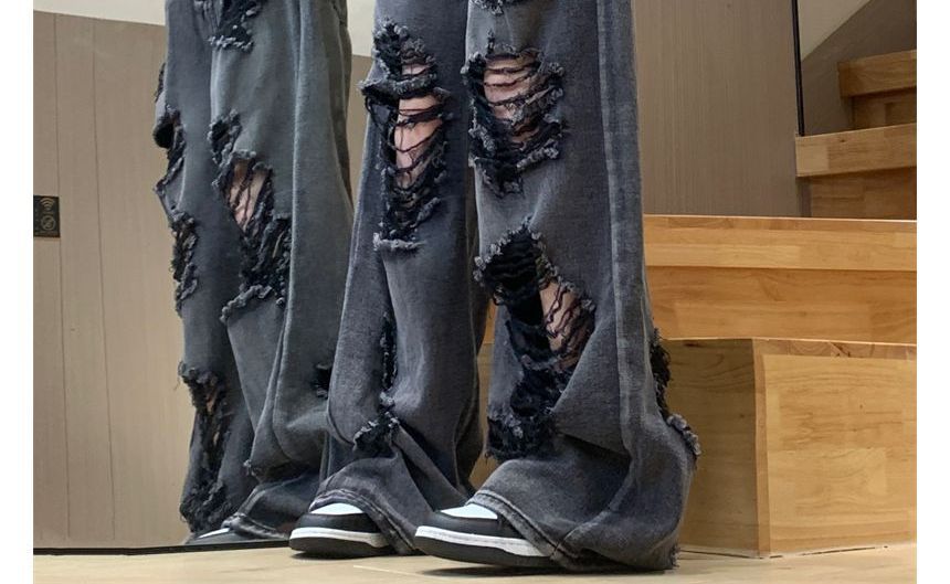 RONIN - Mid Rise Distressed Washed Wide Leg Jeans