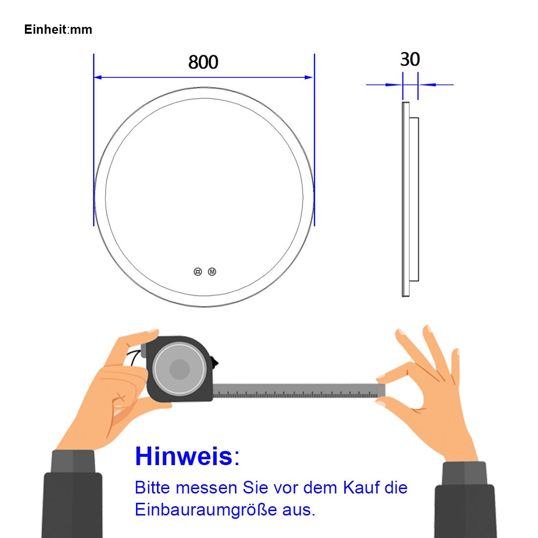 EMKE Badkamerspiegel met verlichting, LED-spiegel met aanraakschakelaar, rond, anti-condens, 3 dimbare lichtkleuren, Ø 80 cm