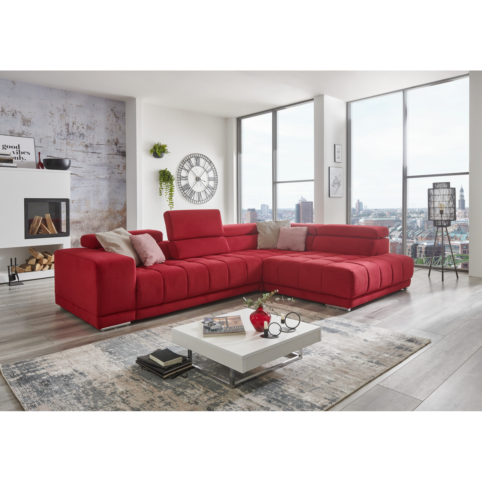 Ecksofa Scarlet Stoff rot, Ottomane rechts