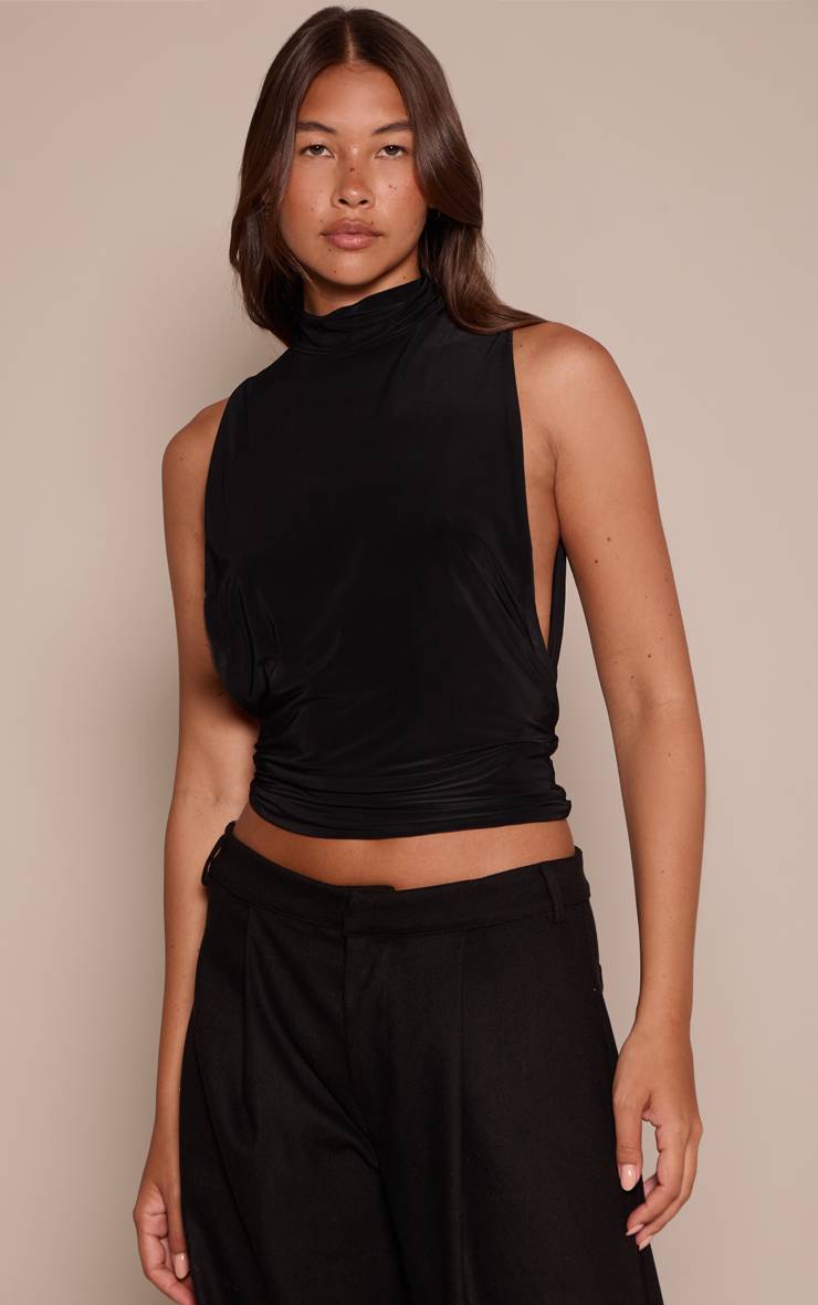 Noir Haut Long À Double Couche Slinky Avec Découpes Latérales