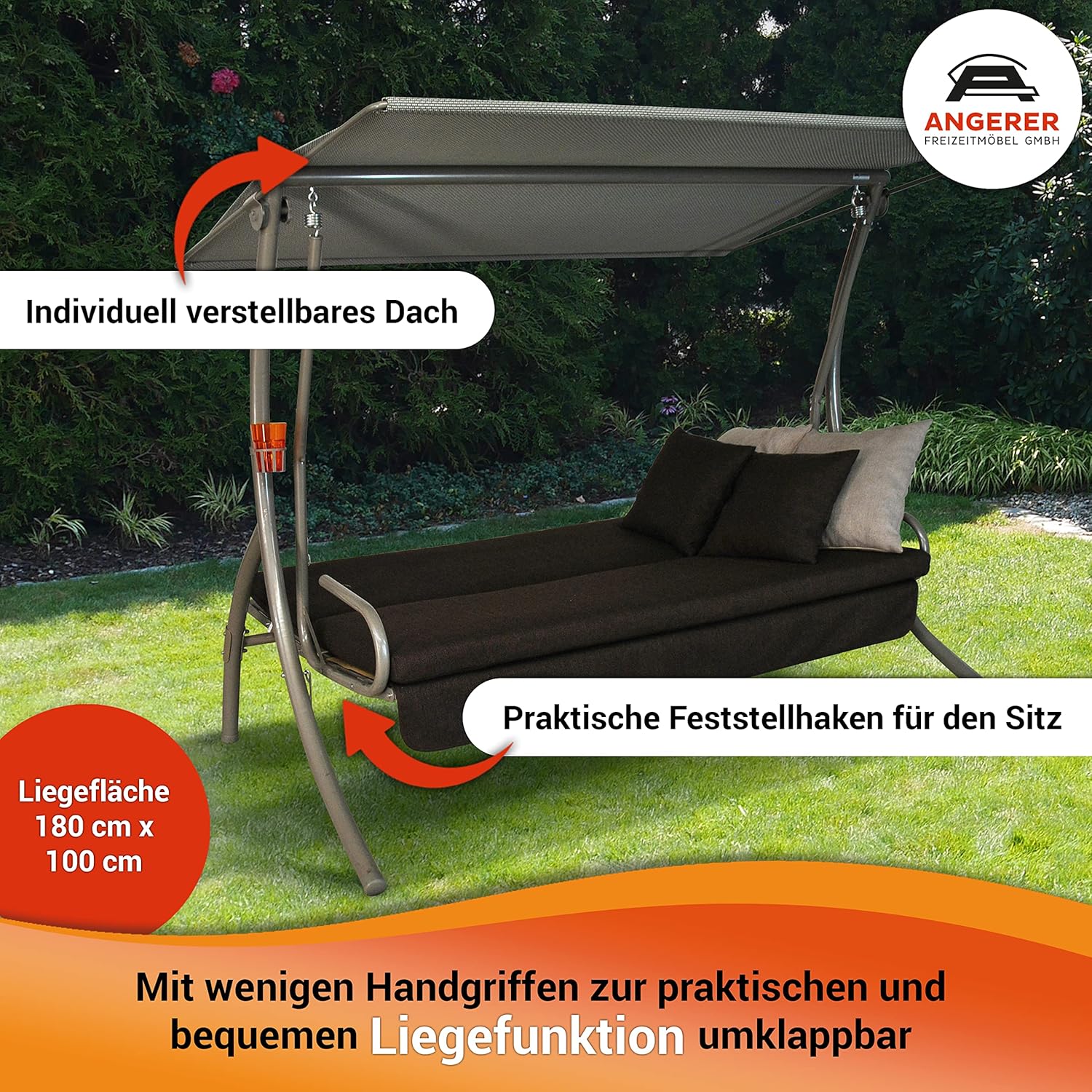 Angerer Hollywoodschaukel Drift Smart – Schaukel zum Sitzen, Liegen & Entspannen, inkl. Bett-Funktion, einfache Montage, Made in Germany, hochwertiger Stoff, Olive
