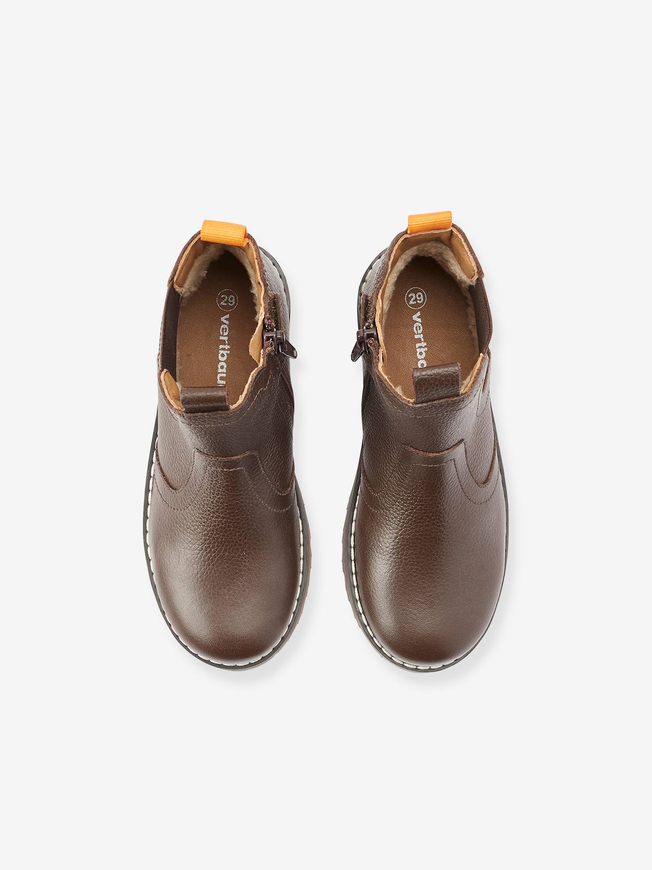 Botas de cano curto forradas em couro para meninos, modelo especial com autonomia, cor marrom médio lisa.