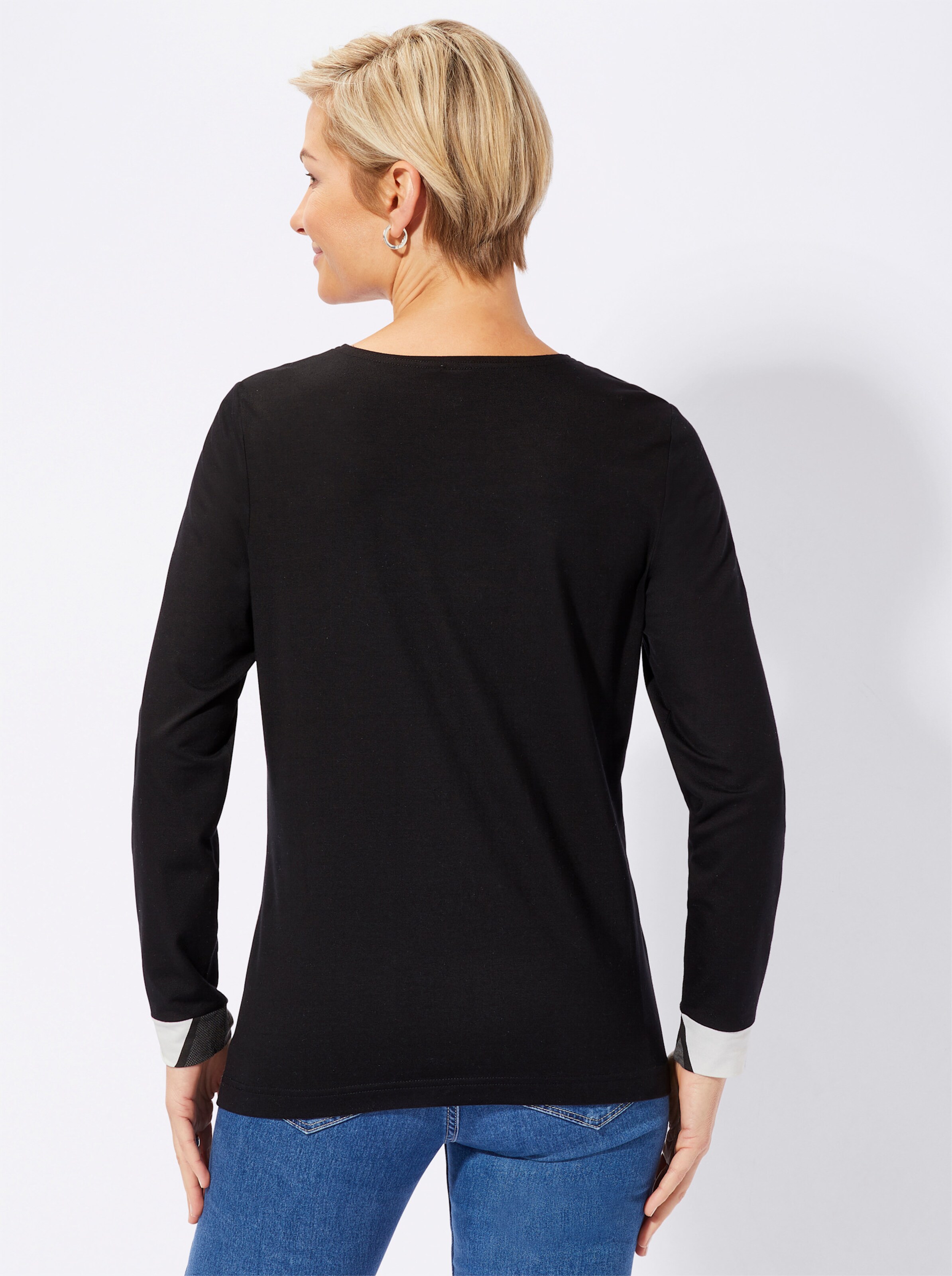 Rundhalsshirt in schwarz-ecru-gemustert