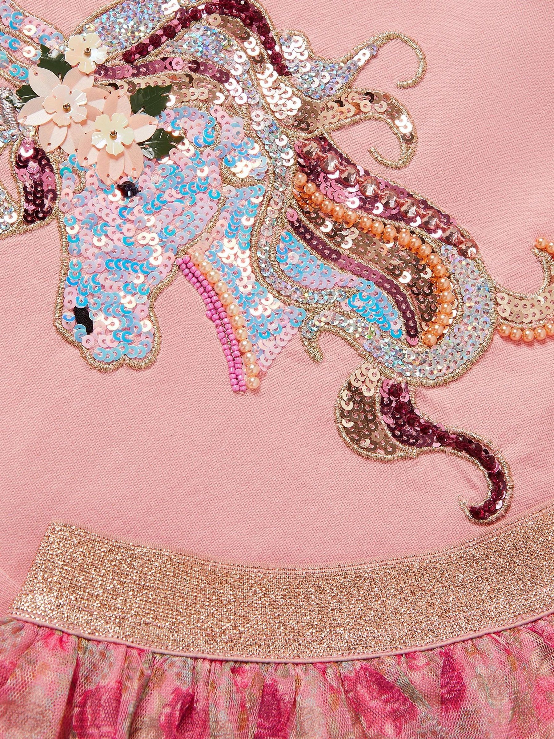 Monsoon Sequin Unicorn Top & Floral Print Mesh Skirt Set