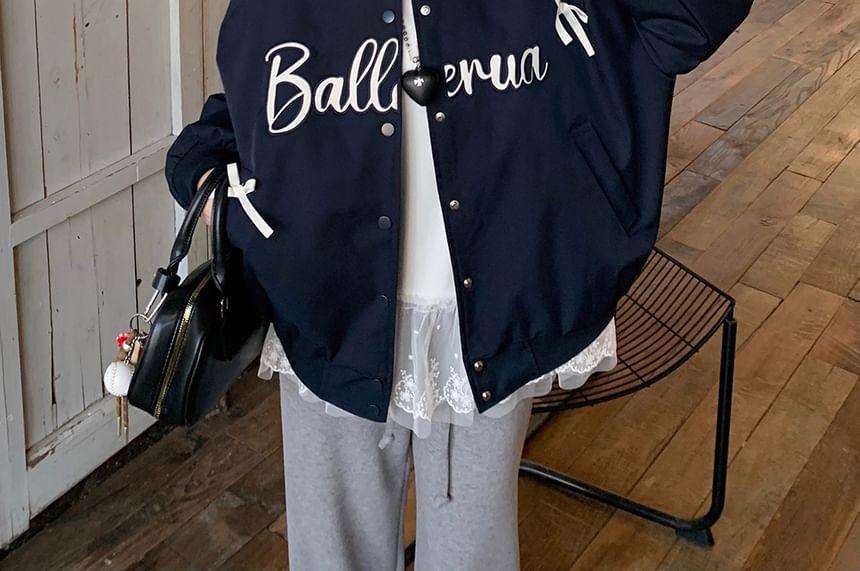 ZENME - Baseballjack met strik en lettersprint / T-shirt met lange mouwen en ronde hals, effen en ruches