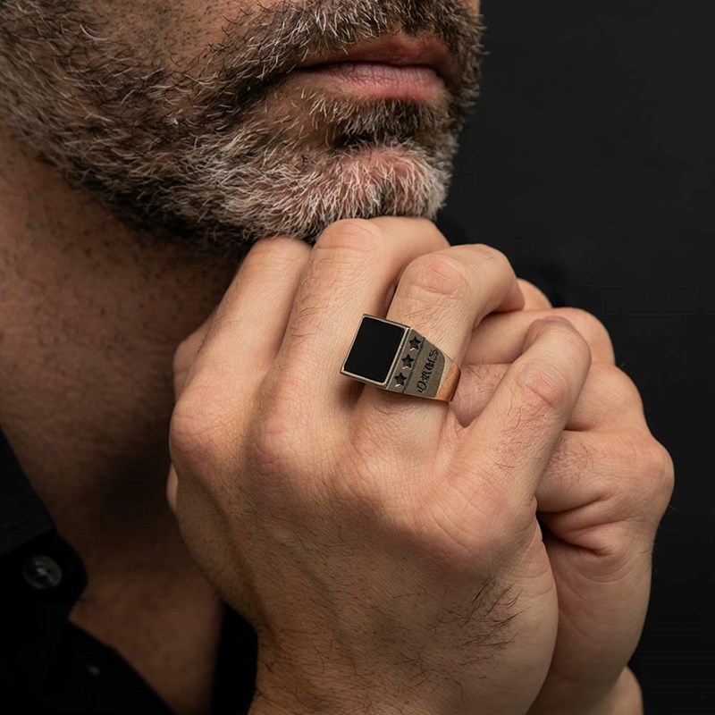 Chevalière Homme étoiles Onyx Argent