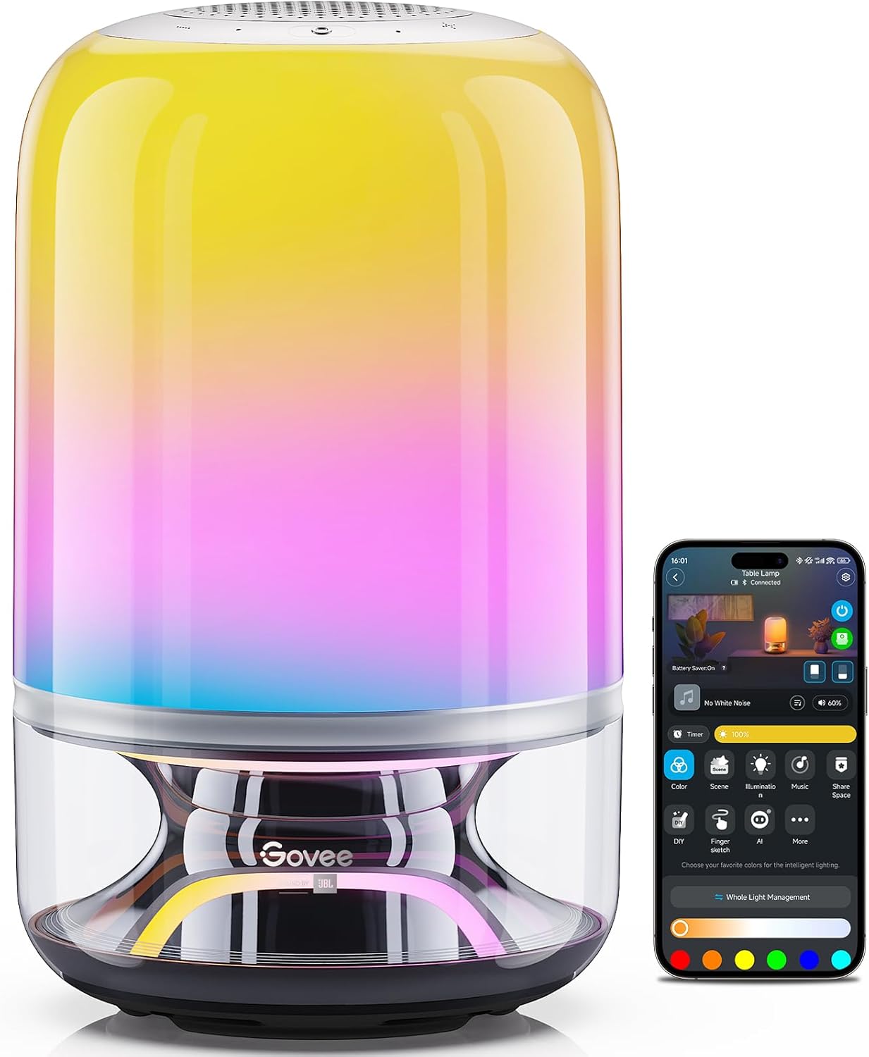 Govee Tischlampe 2 Pro x Sound von JBL (Kein Adapter), kabellose LED Tischlampe mit Lautsprecher, Musik-Licht-Sync, 16 Musik- & 100+ Szenenmodi, Matter-kompatibel, Wiederaufladbare Nachttischlampe