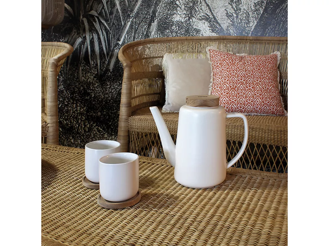 Ogo Living - Theiere Enzo 1200ml En Porcelaine Blanche Et Couvercle Acacia