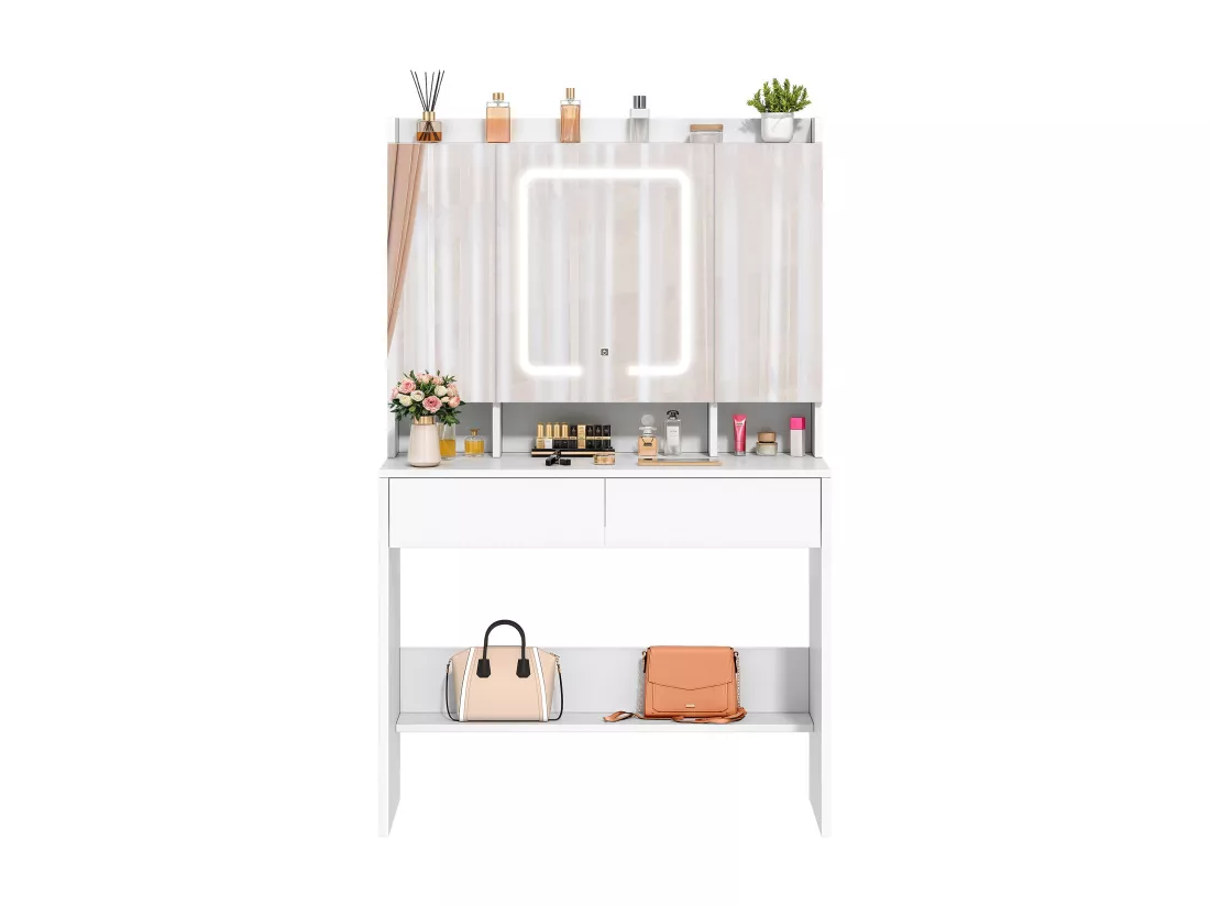 YITAHOME Coiffeuse avec Miroir LED à Luminosité Réglable - Coiffeuse avec 5 Étagères et 2 Tiroir set de Rangement - Blanc
