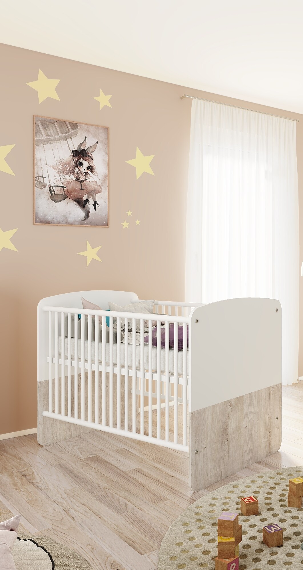 nonjoo. Babyzimmer Hanna Babybett 70 x 140 cm, Liegehöhe verstellbar, 3 Schlupfsprossen