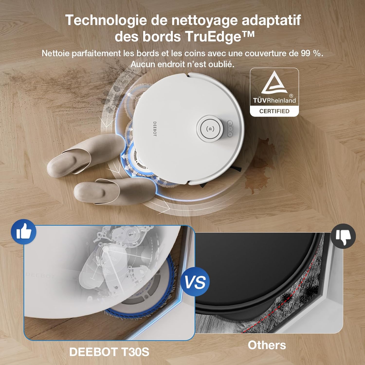 ECOVACS DEEBOT T30S Aspirateur Robot avec Station, Robot Aspirateur Laveur avec Brosse ZeroTangle, 11000 Pa, Nettoyage Humide adaptatif TruEdge™, Nettoyage des serpillières à l'eau Chaude 70°C