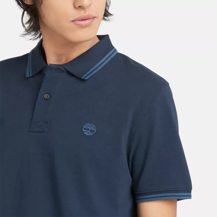Polo à liseré en piqué pour homme en bleu foncé