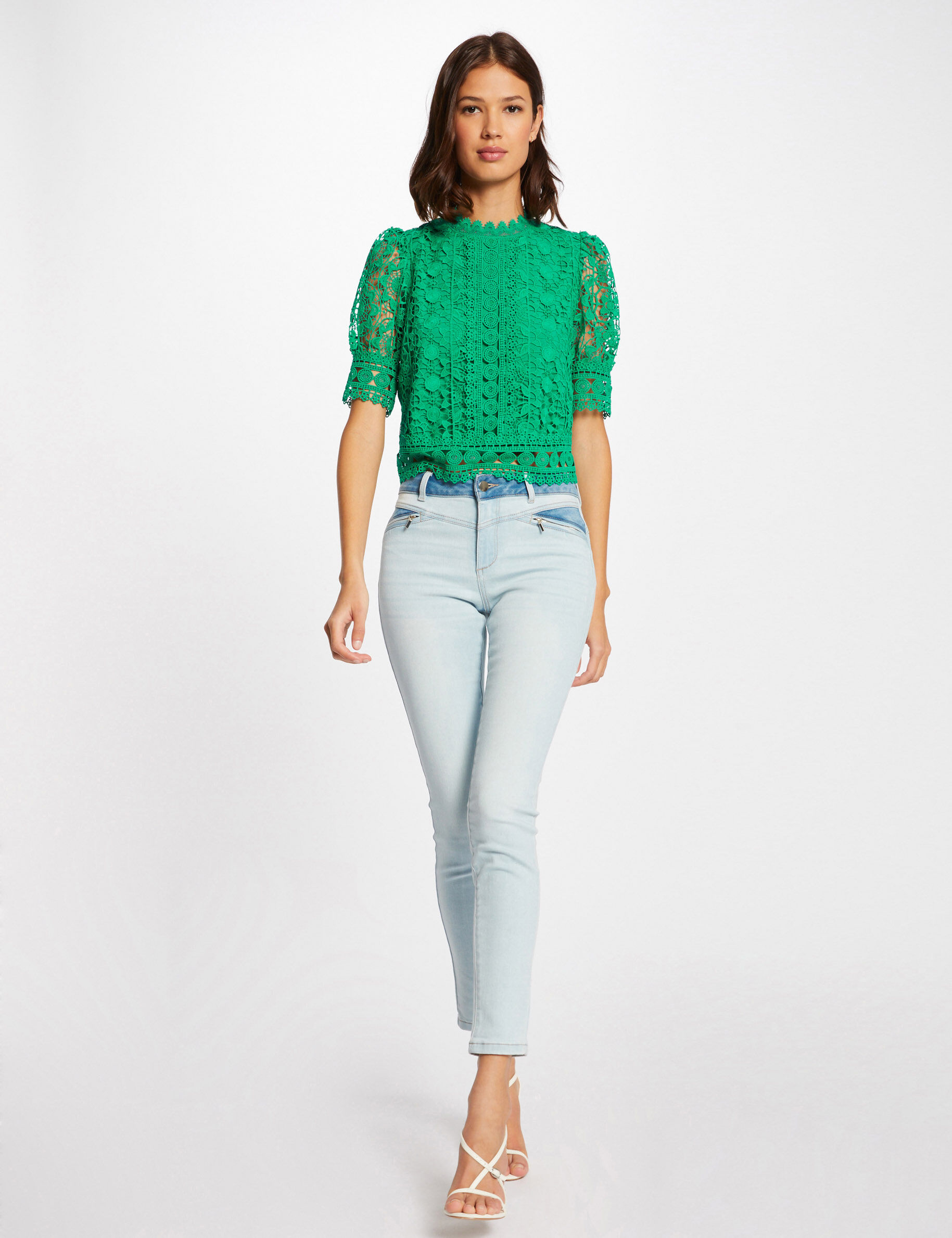 Blouse manches courtes en dentelle vert femme - vert