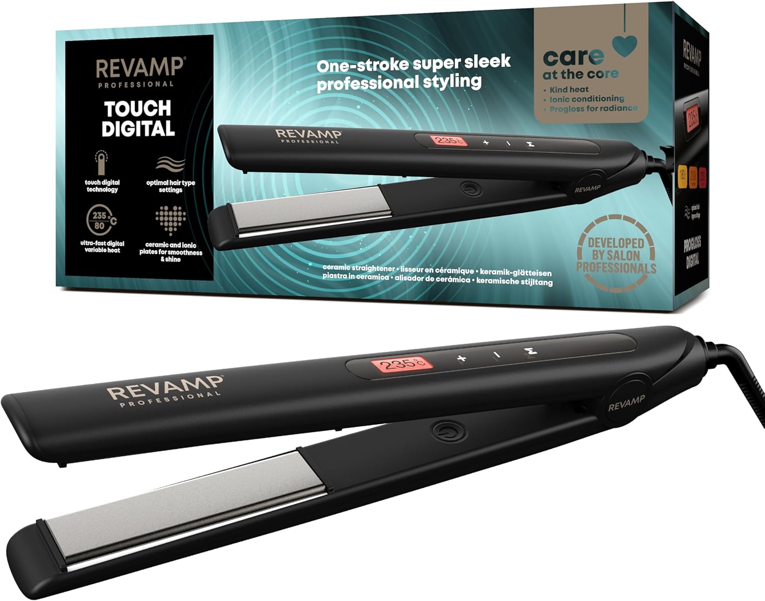 Revamp Progloss Touch Digital Keramik Glätteisen, für professionelles Glätten und Locken, mit optimaler Stylingtemperatur und Touch Temperaturkontrolle, 3m Kabel, mit Progloss Ölen angereichert