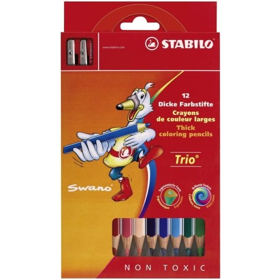 Crayon couleur stabilo trio long bois triangulaire 175mm mine large souple 4mm taille-crayons offert pochette 12u