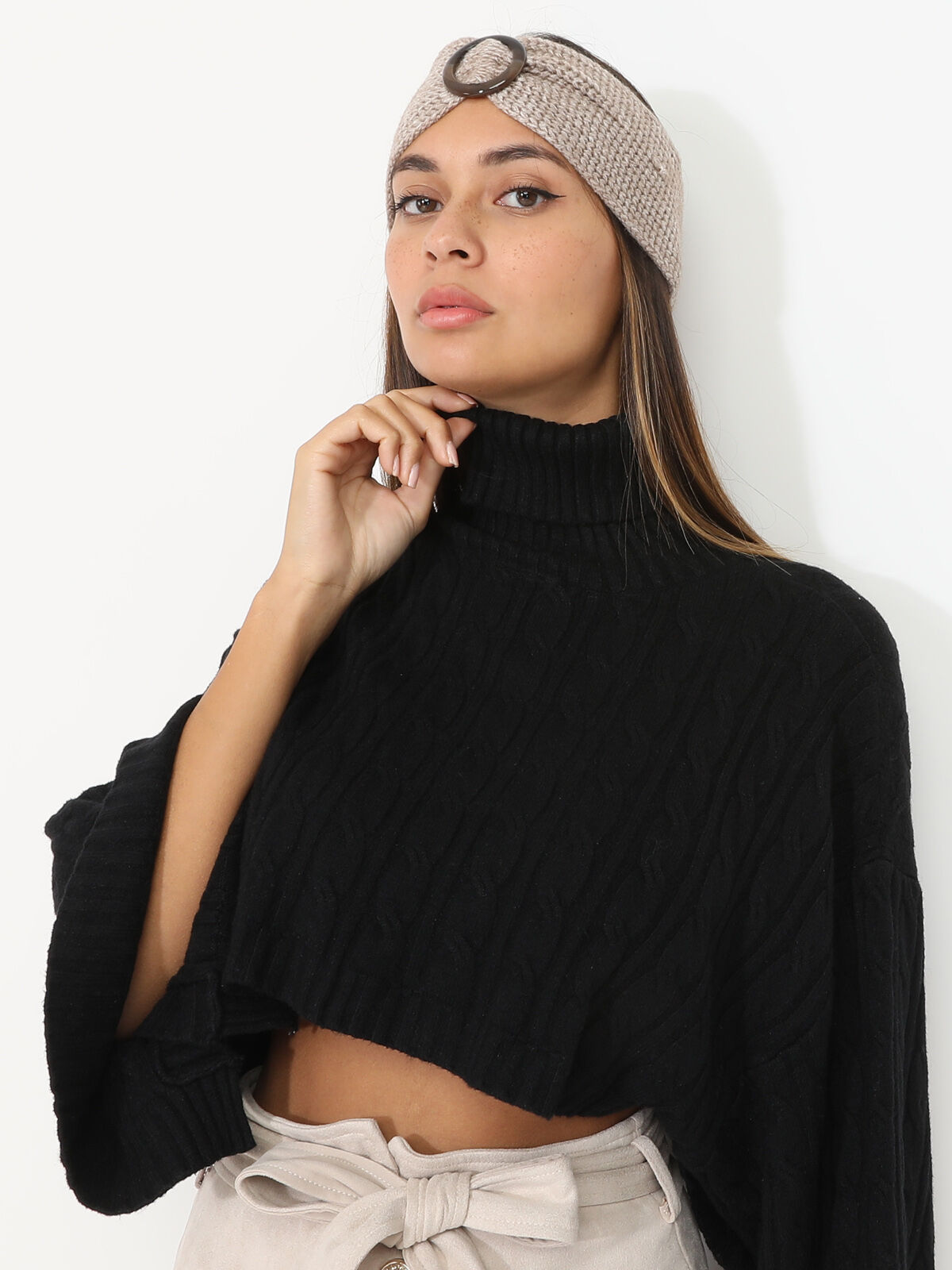 Bandeau maille côtelée avec anneau- Taupe