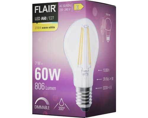 FLAIR LED lamp dimbaar A60 E27/7W(60W) 806 lm 2700 K warm wit helder