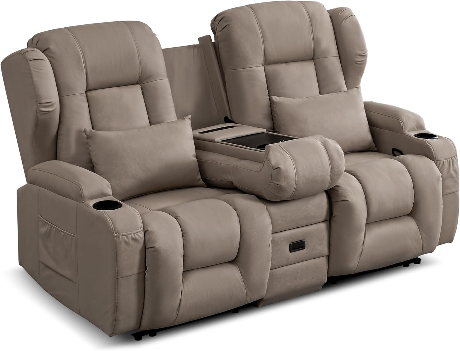 2er Relaxsessel mit Liegefunktion, Zweisitzer Fernsehsessel 2 Sitzer TV Sessel mit Konsole, Manuell Verstellbar Doppel Kinosessel bis 360 kg (Klappbare Mittelkonsole, Leathaire Khaki)