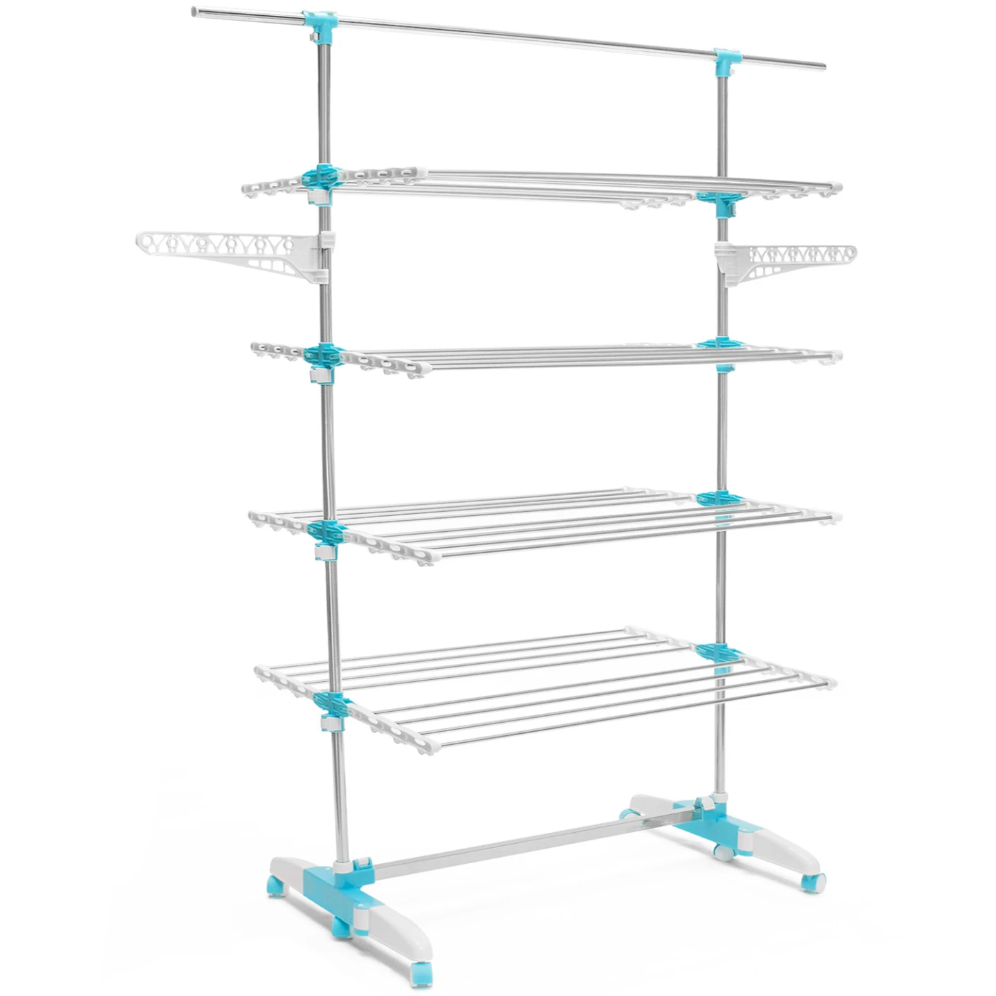 Séchoir à linge vertical pliable 4 niveaux OPTIMUM capacité 30M avec tringle télescopique blanc et bleu