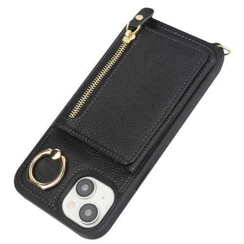 iPhone 14 / iPhone 13 Necklace Leder Hülle mit Münzfach und Kartenfächer   Finger Griff Halterung   Handykette - Schwarz