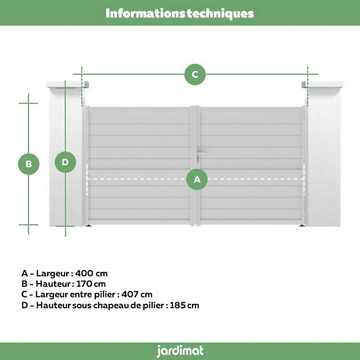 Portail Jardimat battant aluminium Perth blanc - 400 x h.170 cm