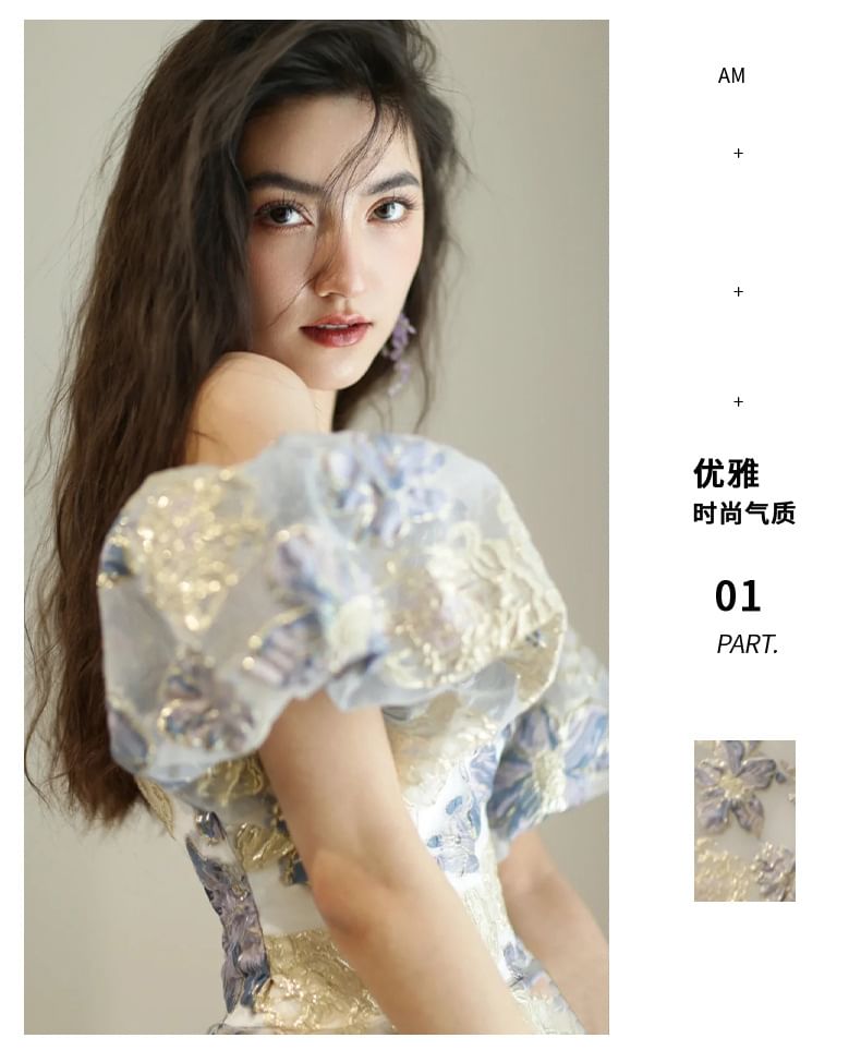 Saunderoll - A-lijn avondjurk met pofmouwen en off-shoulder bloemenjacquard