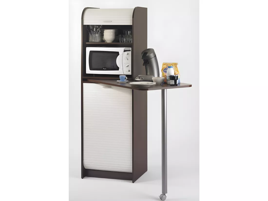 Table de Cuisine et Meuble Rangement 5 Niches - Coloris: Wengé + Blanc
