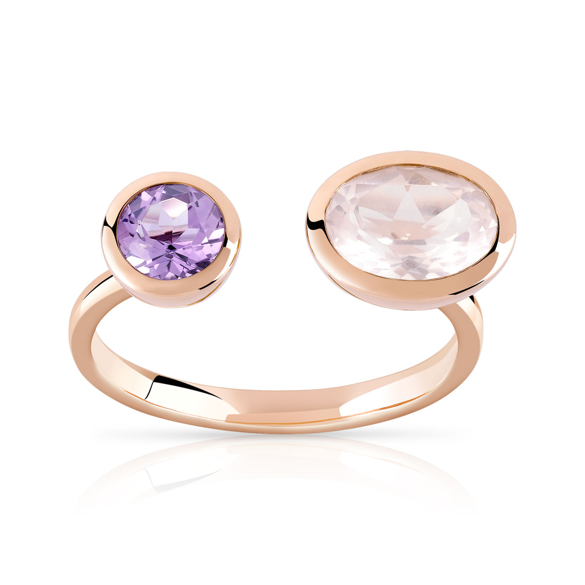 Bague or 375 rose améthyste et quartz rose