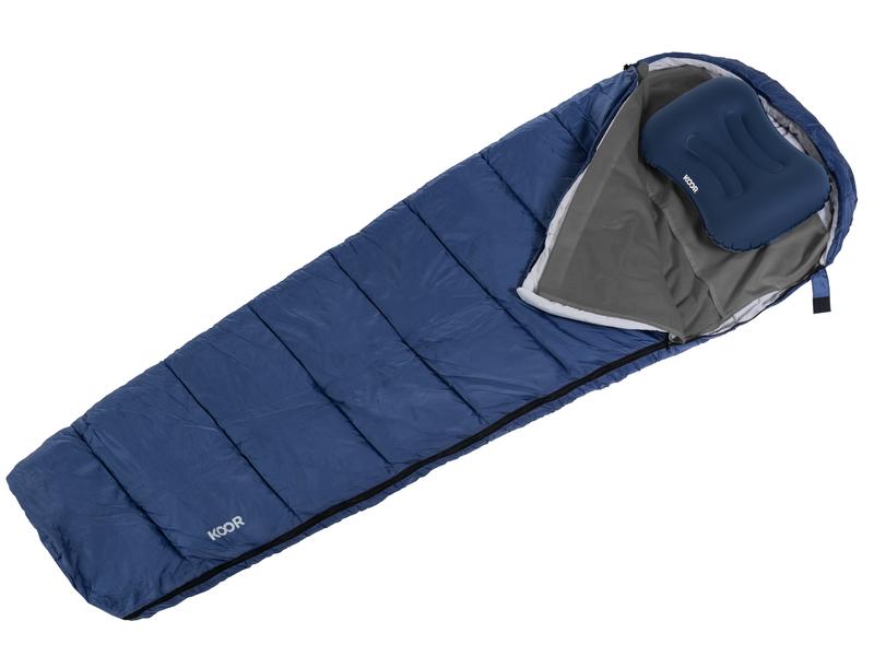 KOOR Schlafsack, Schlafsackeinlage und Reisekissen Set Blau 3-teiliges Set für Schlafkomfort unter freiem Himmel