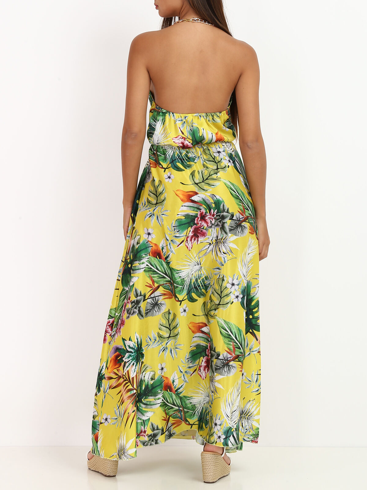 Robe ajourée à chaîne et imprimé tropical- Jaune