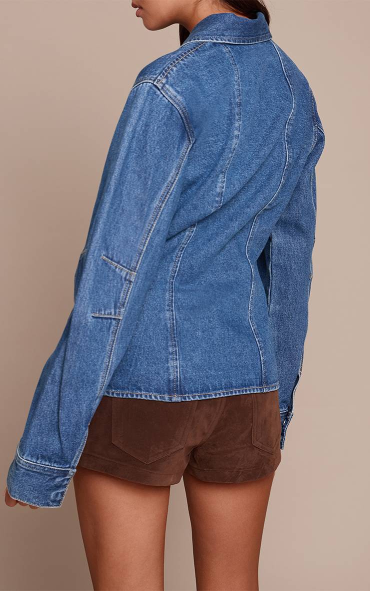 Bleu Foncé Chemise En Jean Cintrée À Manches Ballon
