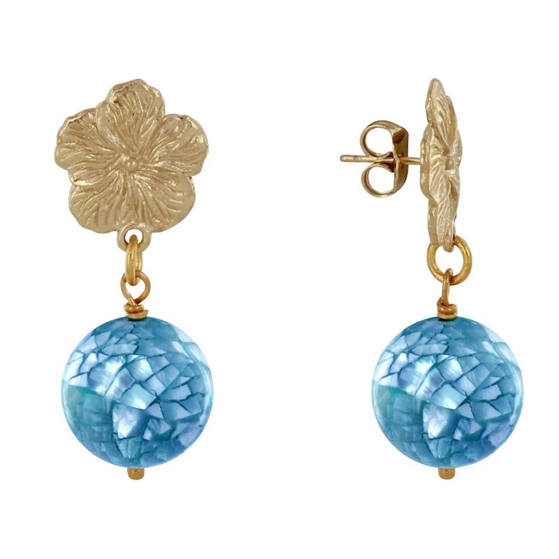 Boucles d'Oreilles Clous Métal Doré Fleur et Perle de Nacre Facettée