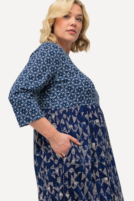Jerseykleid, Mustermix, A-Linie, V-Ausschnitt, 3/4-Arm