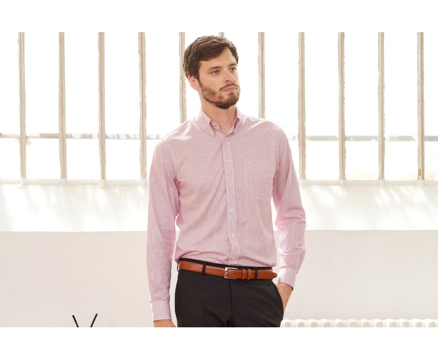 Chemise twill blanc à petits carreaux rouge - STELLAN