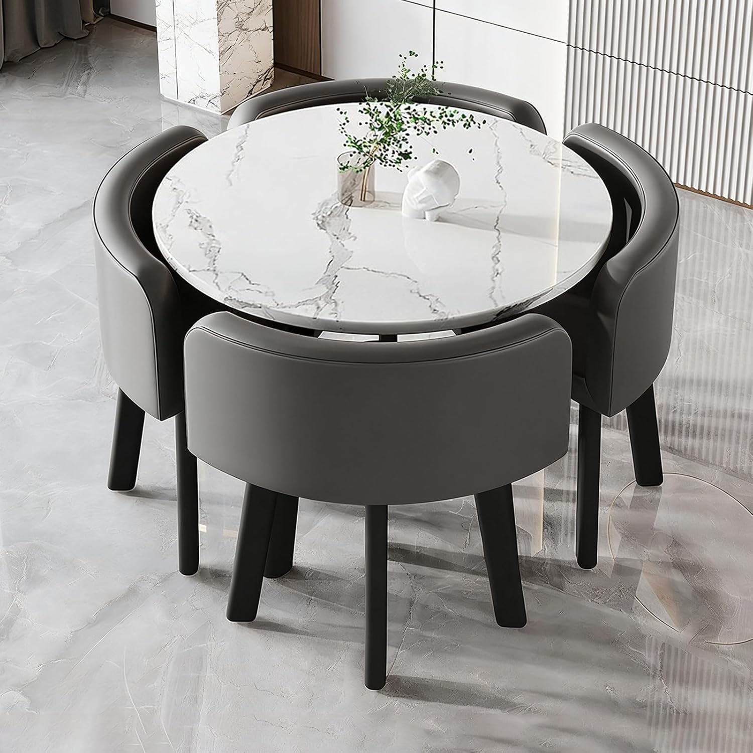 Essgruppe Set Esstisch und 4 Esszimmerstühle, Runder 90cm Essgruppe 5-Teilig aus Tischplatte in Marmoroptik und 4 PU-Leder Küche Stuhl für Küche Wohnzimmer Balkon Büro, Marmorimitat + grau