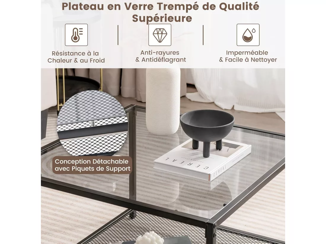 Table basse carrée, table basse verre avec étagère en maille, noir 70 x 70 x 45 cm (gris)