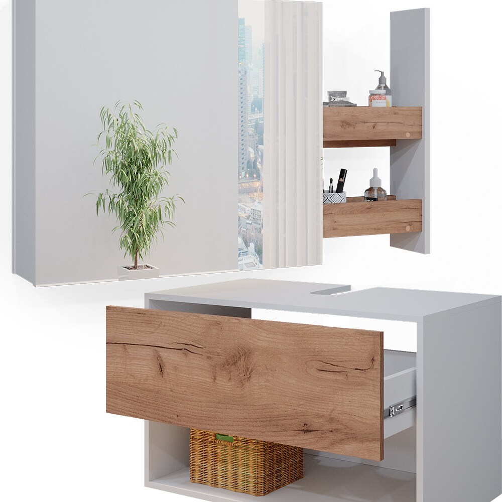 Vicco Badmöbelset Waschtischunterschrank Spiegelschrank Kate Weiß Eiche Badmöbel