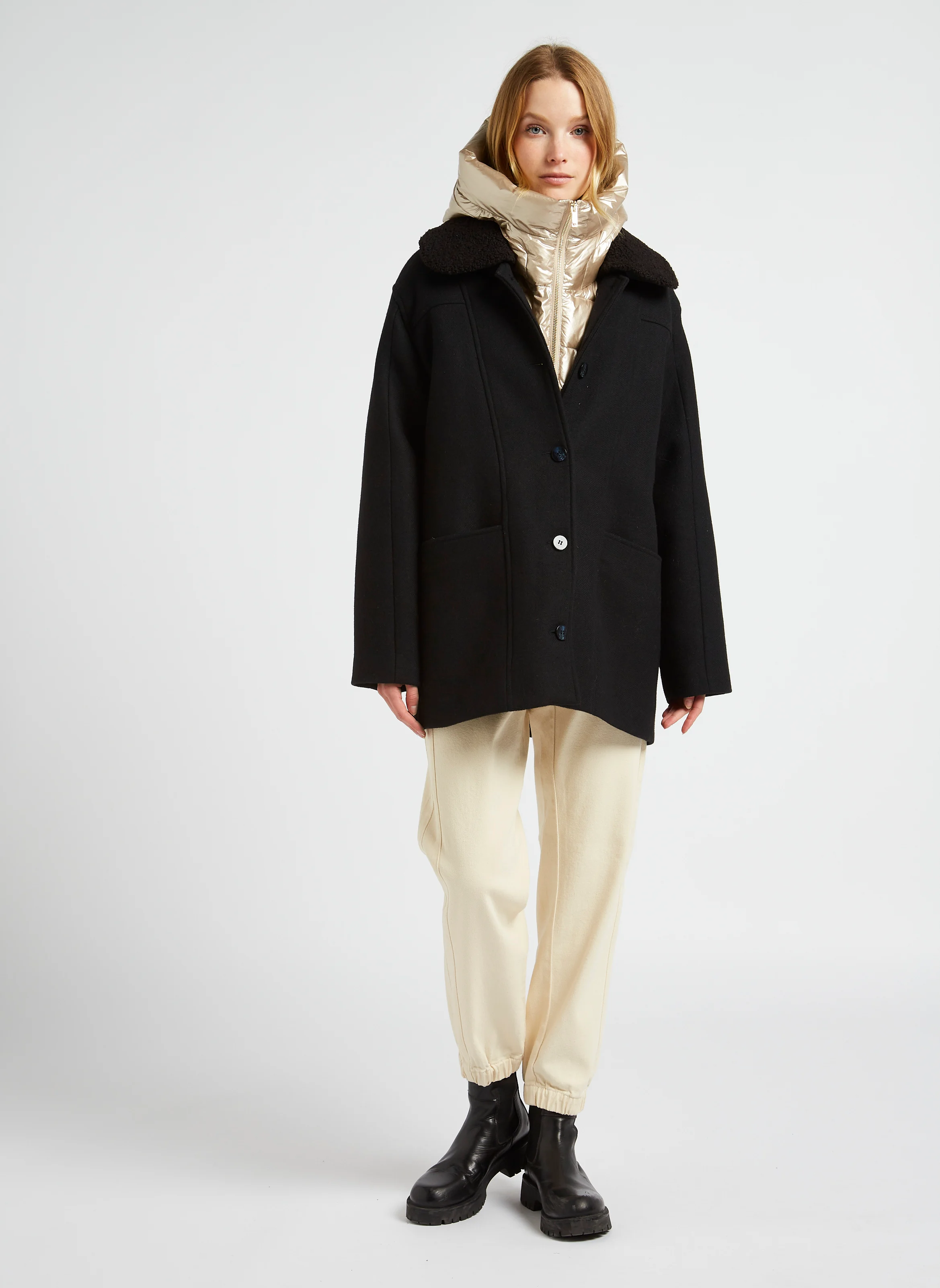 DORA - Manteau ample col classique en laine mélangée | Noir