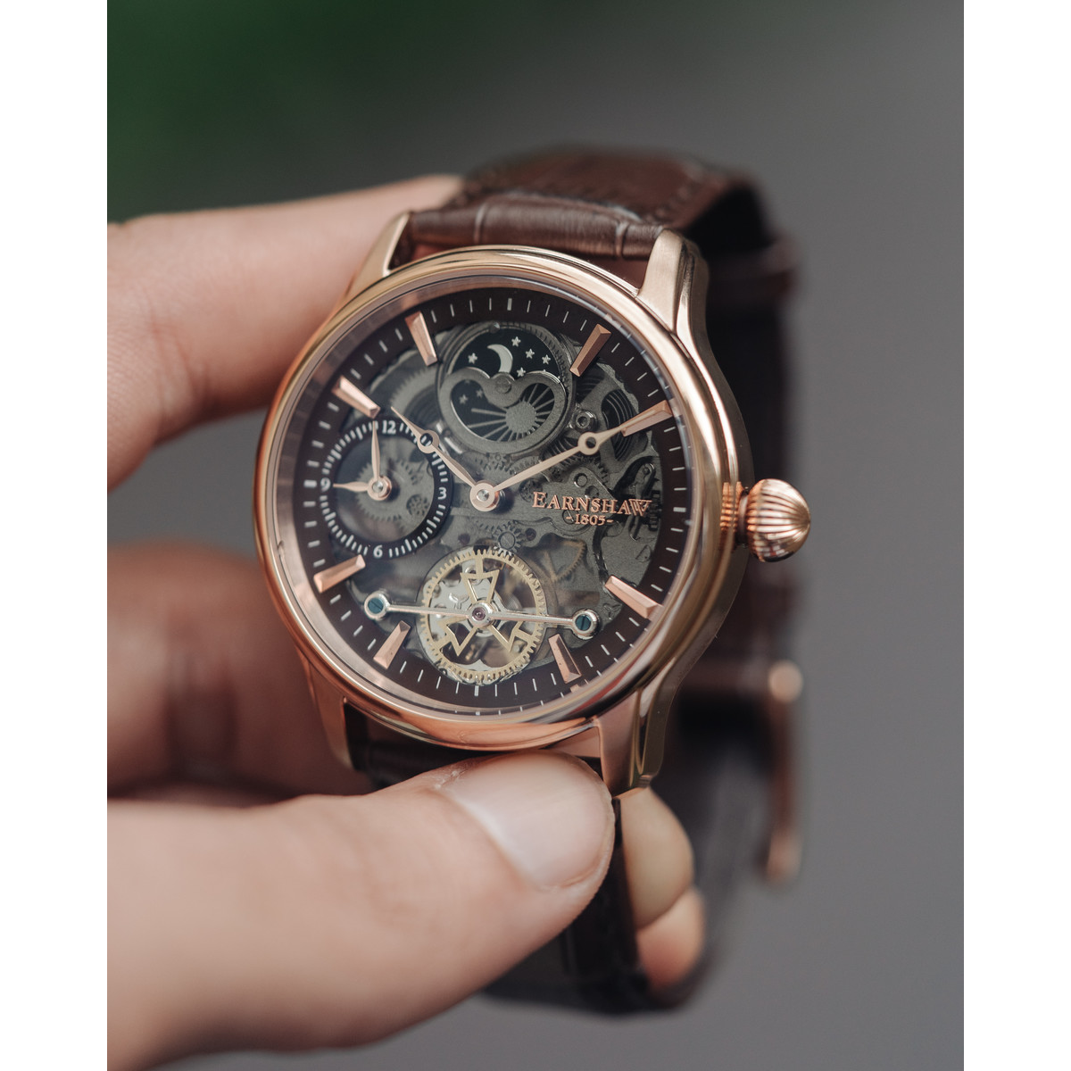 Montre EARNSHAW Longitude Shadow homme automatique acier noir bracelet cuir noir
