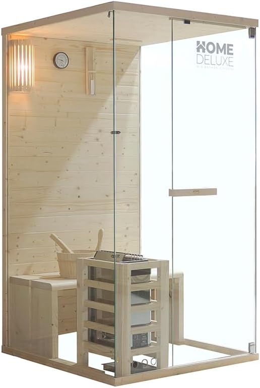 Home Deluxe - Traditionelle Sauna ARUNA S - Maße: ca. 100 cm × 110 cm × 190 cm, Holz: Fichtenholz, 8 mm klares Sicherheitsglas - inkl. Saunaofen und Saunazubehör