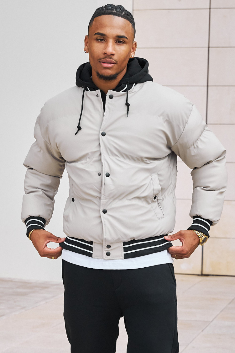 Doudoune courte bi-matière beige et noire