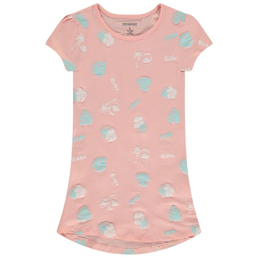 Nuisette manches courtes imprimé végétal en puff print pour fille - Rose