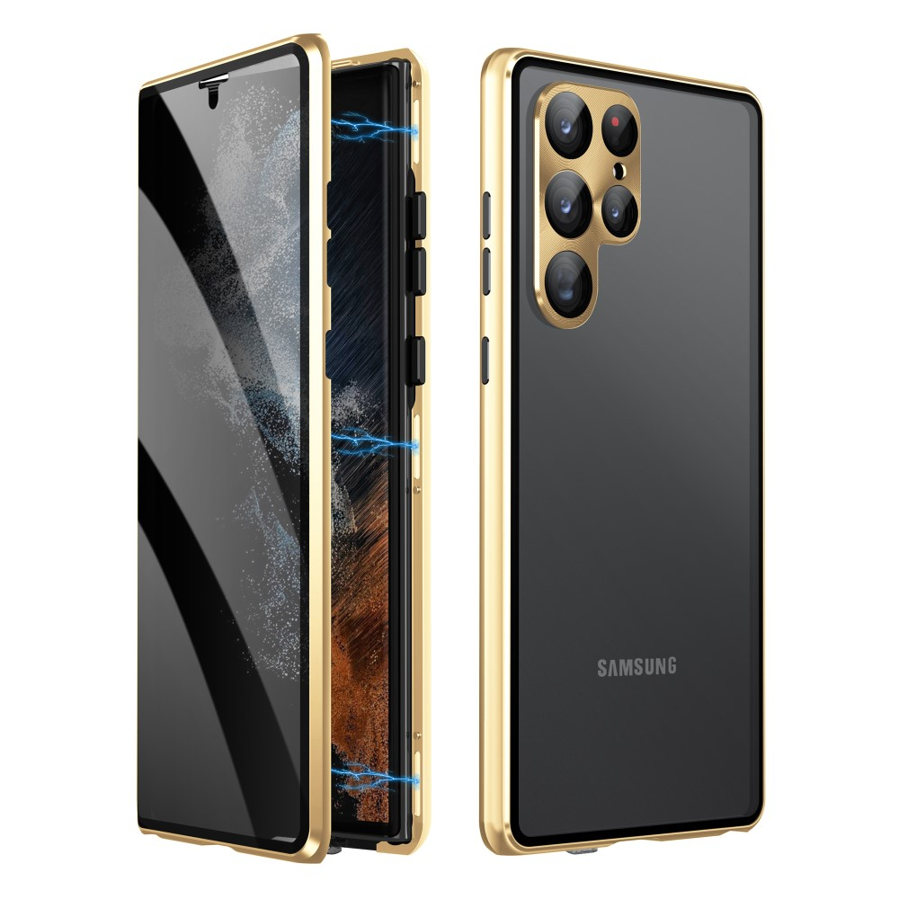 Samsung Galaxy S23 Ultra 5G Magnetische Alu Schutzhülle mit Panzer Glas Backcover   Privacy Display- / Kameraglasschutz (Verschlussmechanismus) - Gold