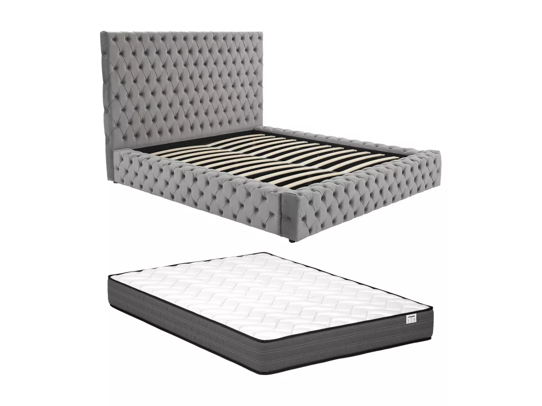 Lit coffre chesterfield 180 x 200 cm - Velours - Gris + Matelas - DULENI