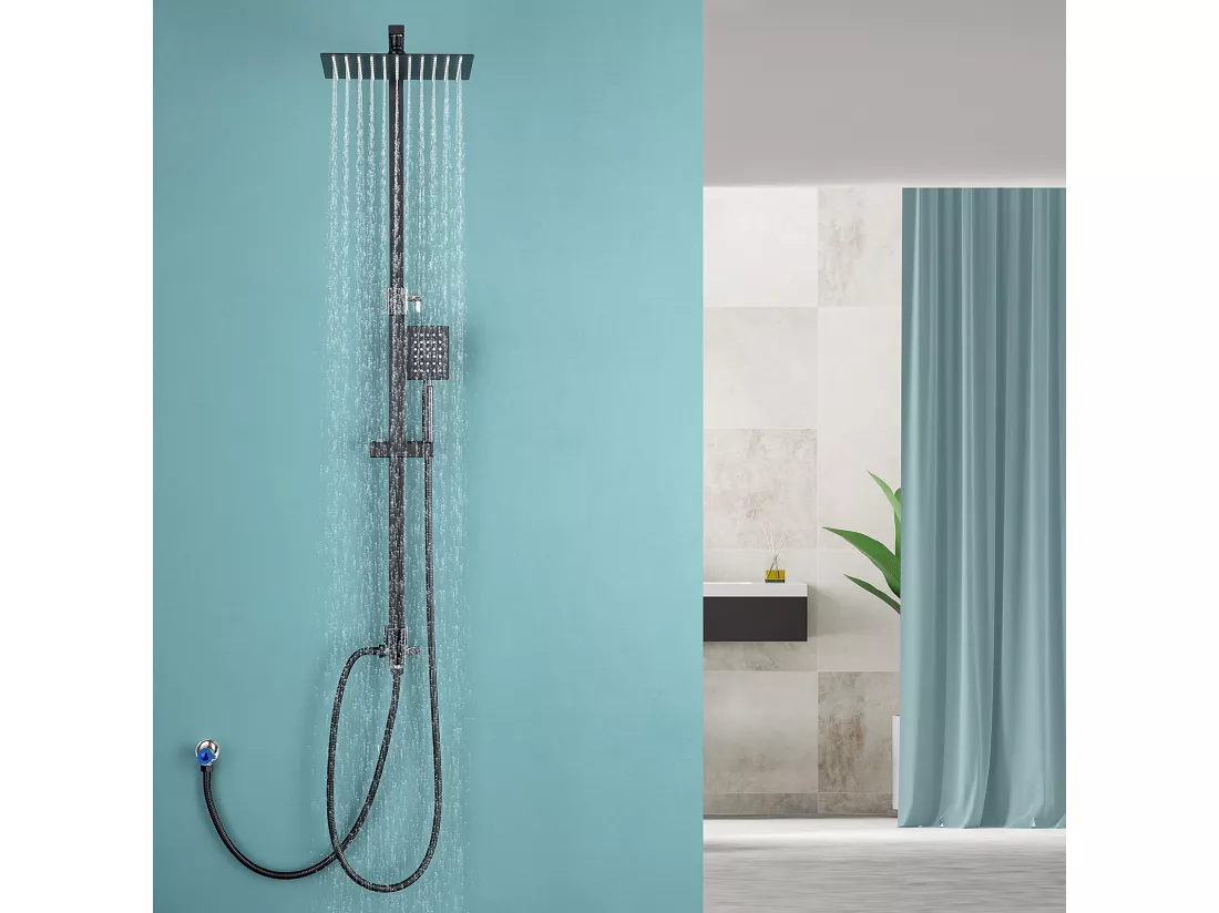 AURALUM MAX Colonne de Douche Noir Carré (Sans Robinet) 2 Fonctions Ensemble de Douche avec Douchette à Main, Hauteur Réglable 69 - 113 cm