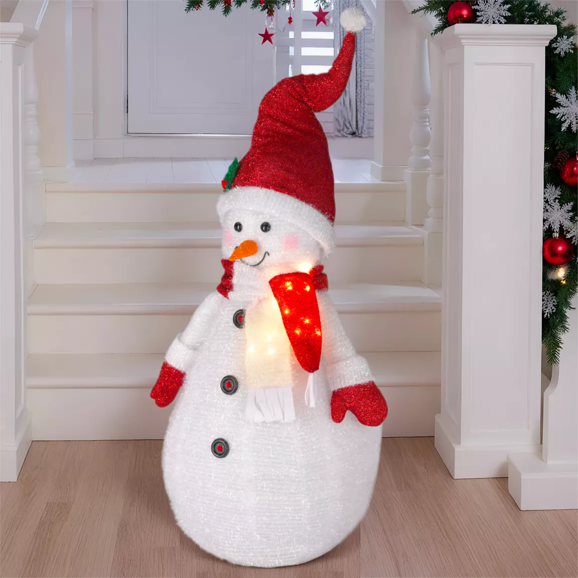 Bonhomme de neige lumineux à piles (H120 cm) Pliable Rouge pailleté