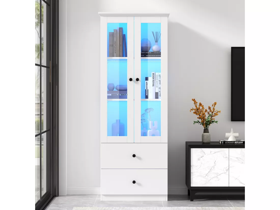 Vitrine avec 2 portes et 2 tiroirs - 60 x 36 x 165 cm - LEDs - Etagères réglables - Panneau de particules + MDF - Blanc