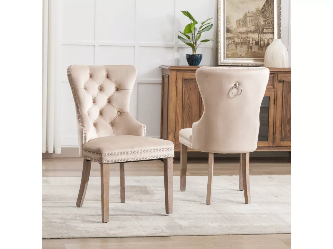 Lot de 2 Chaises de salle à manger, cuisine et salon chaise rembourrée pieds en bois massif - 53.5x64x95cm beige