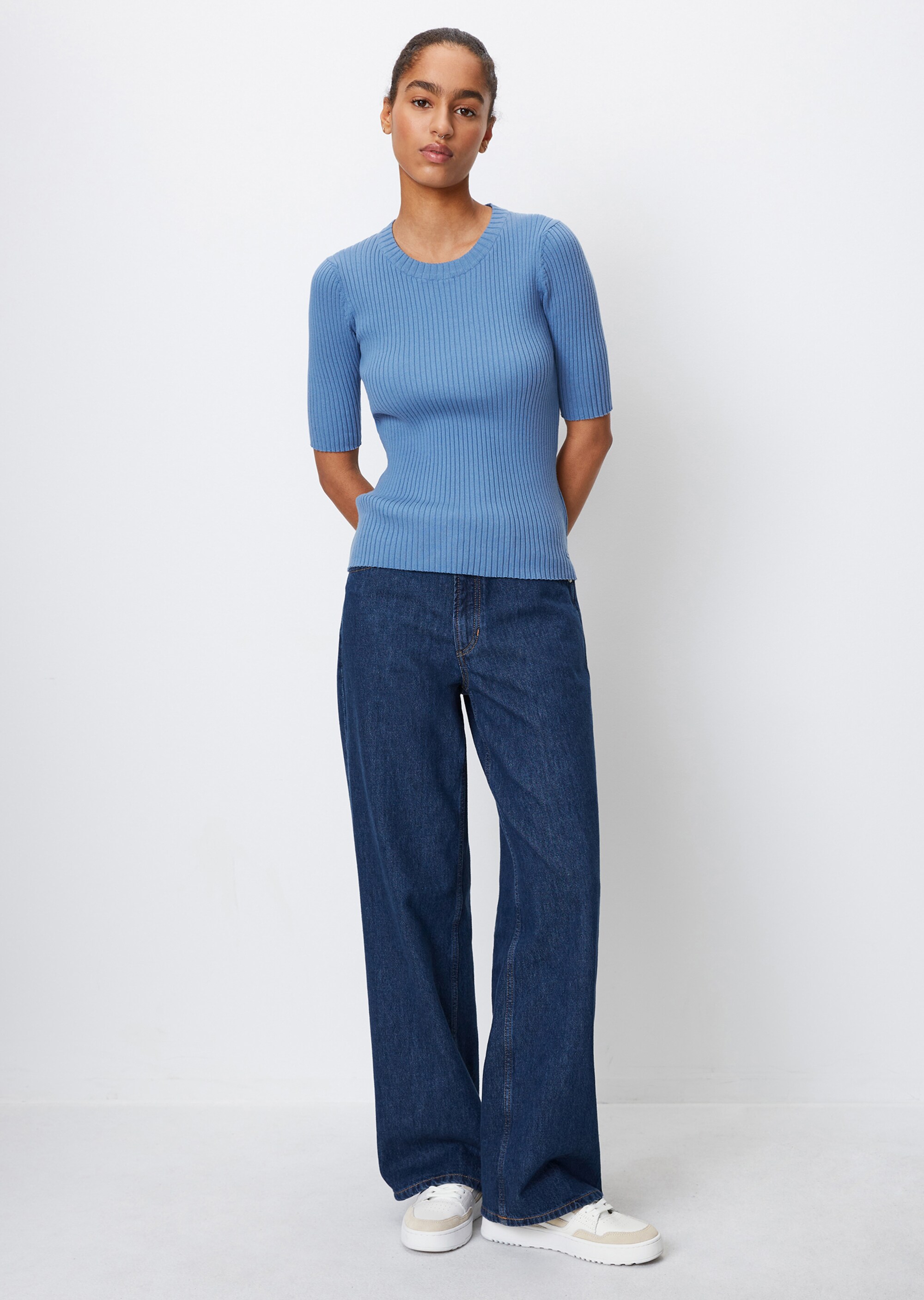 Kurzarm-Strickpullover fitted aus Organic Cotton-Mix
