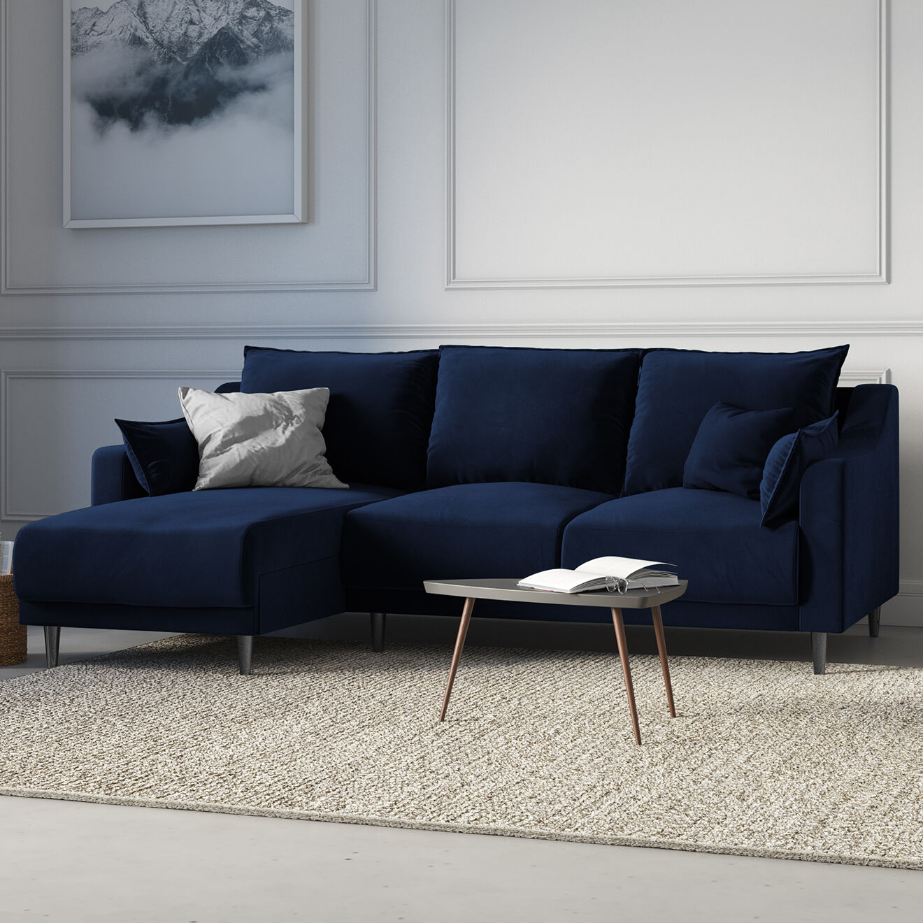 Mazzini Sofas Canapé d'angle Réversible Convertible avec Coffre en Velours Freesia bleu roi - 220x150x90 cm